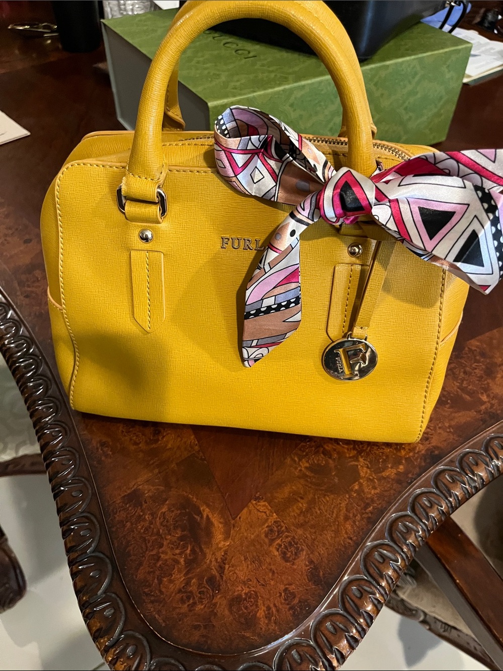 Furla Yellow Dome Leather Saffiano Satchel Handbag Gold Hardware